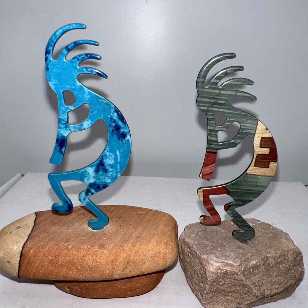 Kokopelli 2-Pack Metal & Stone Figurines, Painted Multicolor, Carved Details
